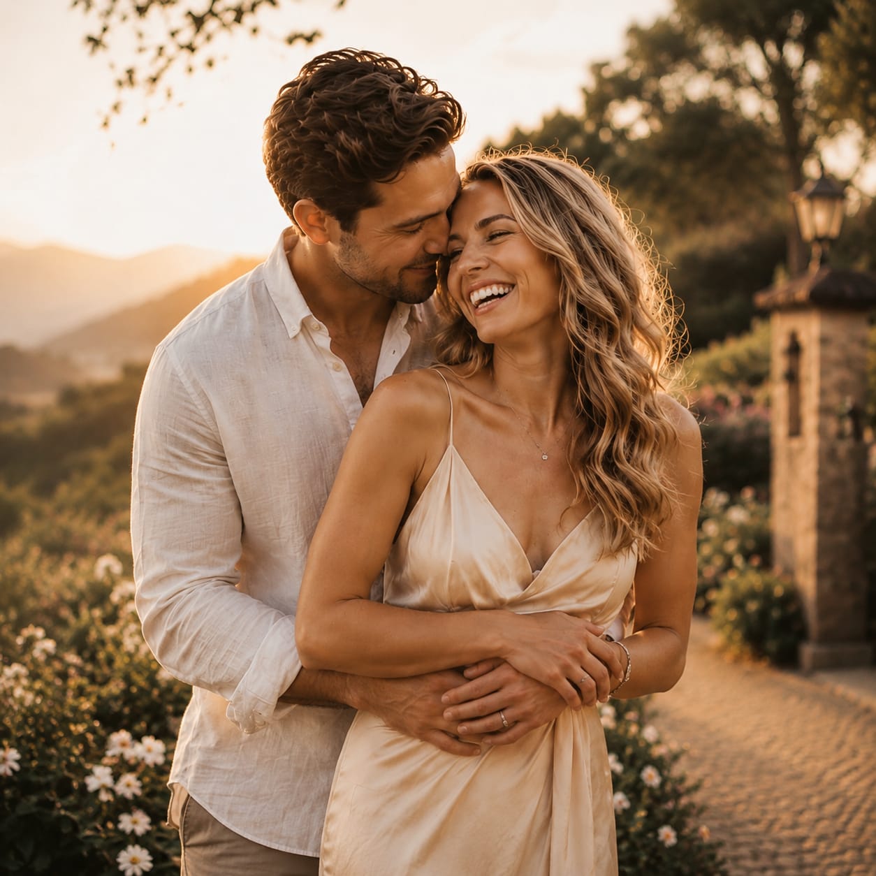 Jessica and Michael laughing together on a garden path at golden hour
