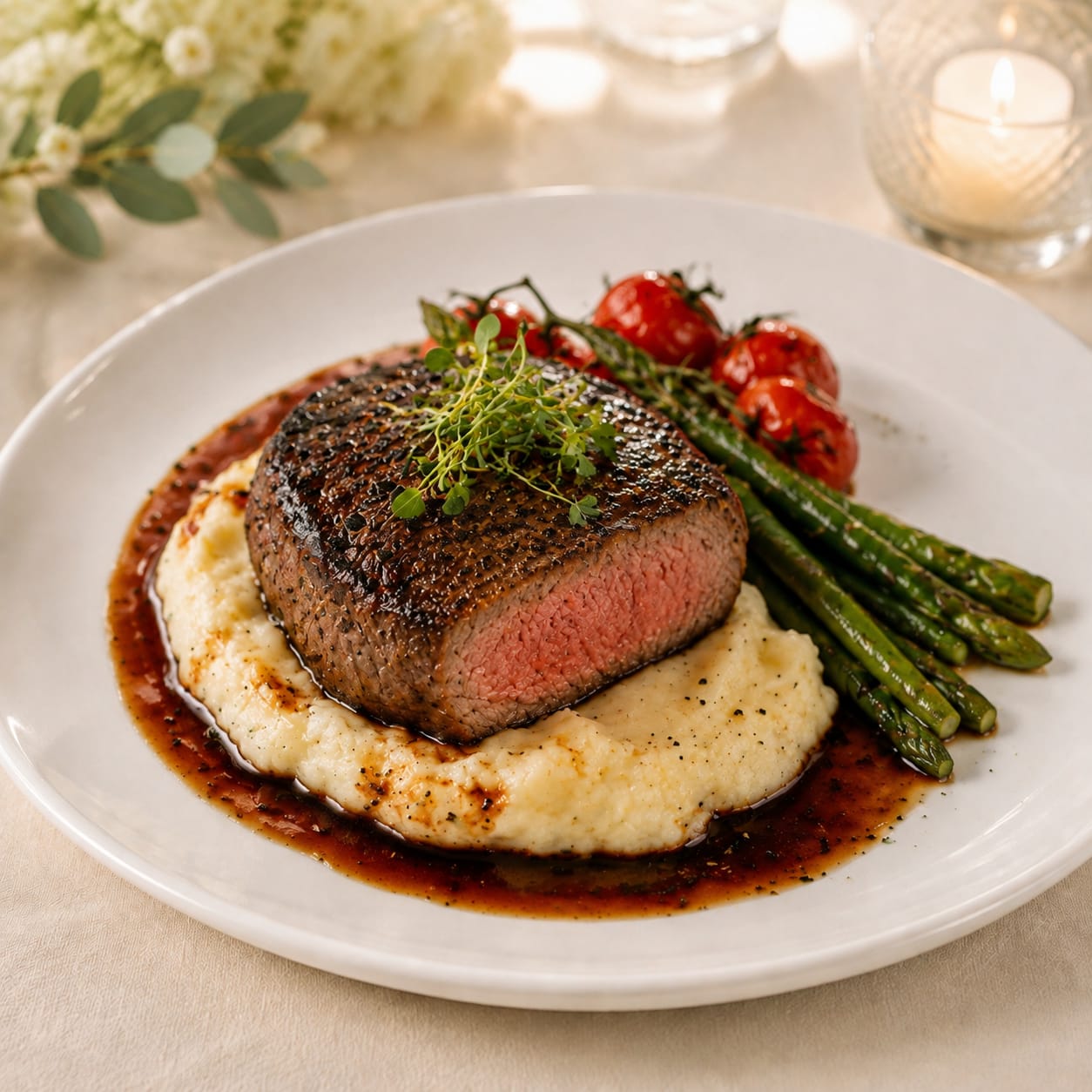 Beef fillet on cauliflower purée with asparagus, vine tomatoes and a red wine jus