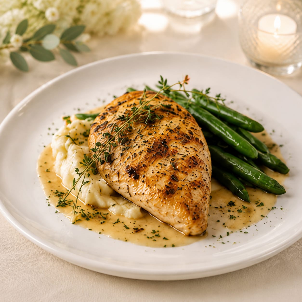 Herb roasted chicken breast with buttered mash, green beans and a thyme butter sauce