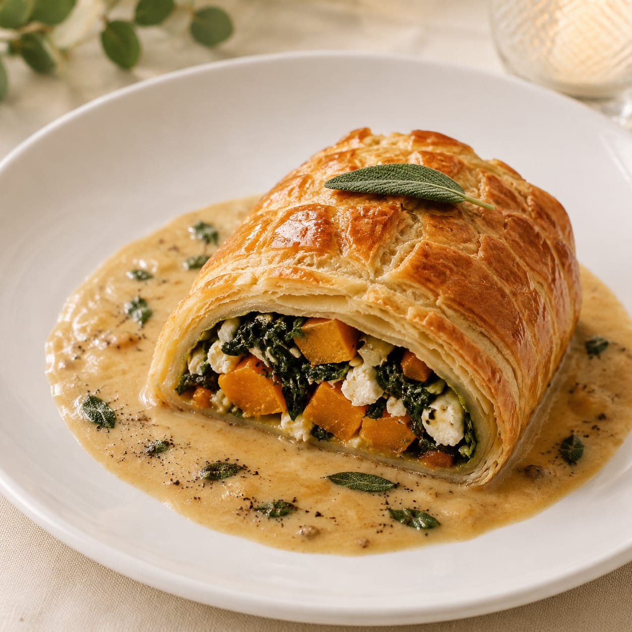 Roasted vegetable Wellington in golden pastry, filled with butternut, spinach and feta, in a sage brown butter sauce