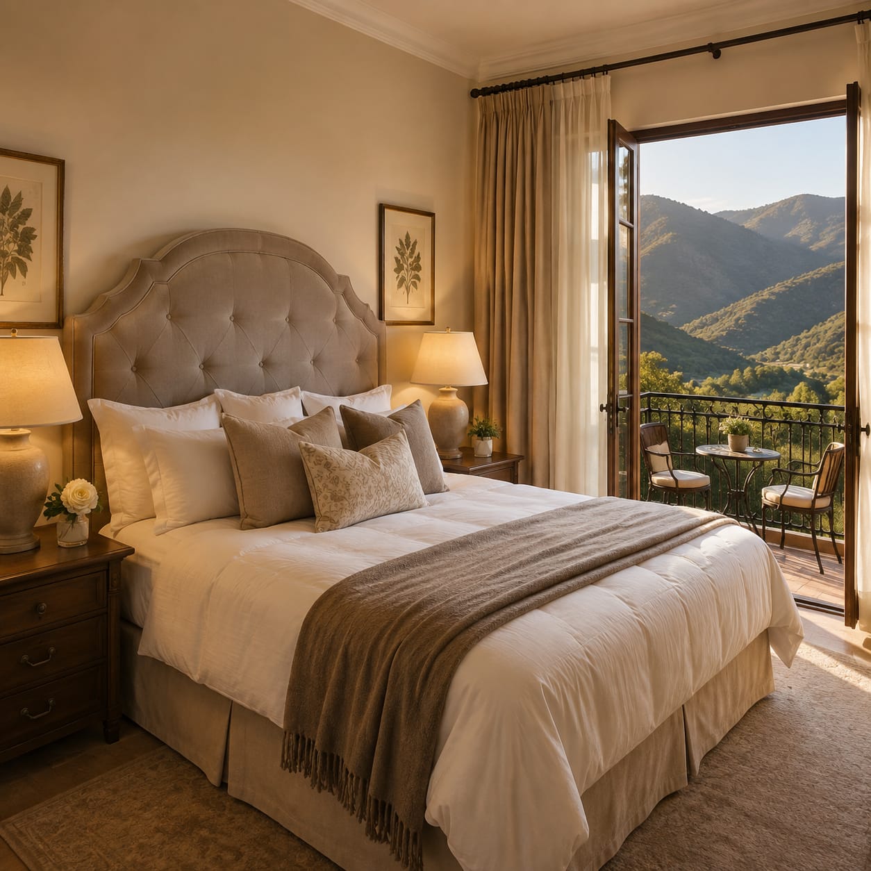 A guest bedroom at Klipfontein Estate, doors open onto a balcony above the valley
